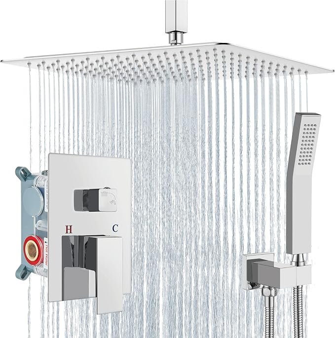 Aolemi Ceiling Mount Shower System Rain Shower Head with Handheld Spray High Pressure Shower Faucet Set Rough-in Valve Shower Trim Kit Included Bathroom Polish Chrome 16 Inch Ceiling Shower Head