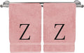 Monogrammed Hand Towel, Personalized Initial Gift, Extra Absorbent 100% Turkish Cotton - Soft Terry Finish - Set of 2 - Black Block Initial Z - Embroidered on Pink Towels