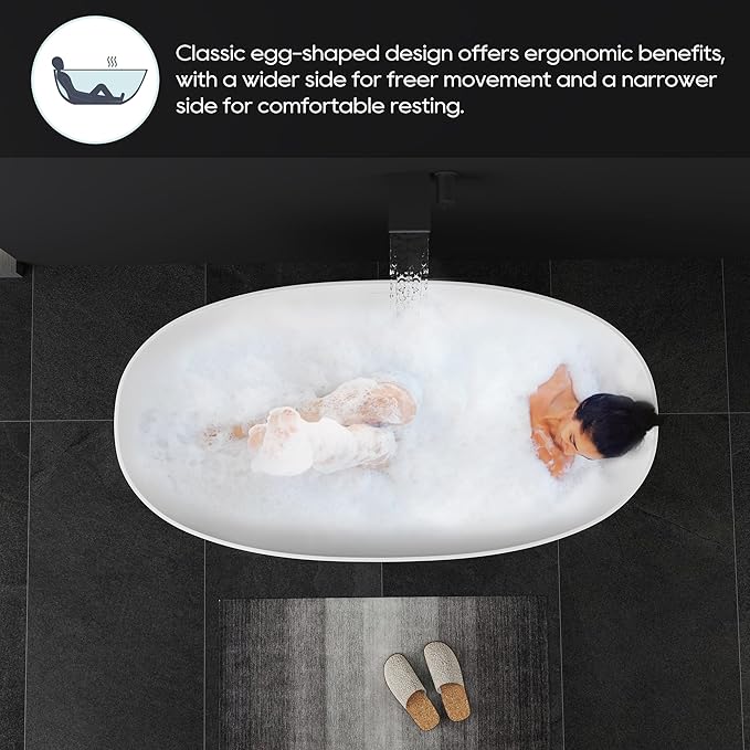 SJ STAR&JANE 59" Freestanding Solid Surface Bathtub, Oval Stone Resin Soaking Tub Stand Alone Tub with Pop-up Drain & Overflow Matte White