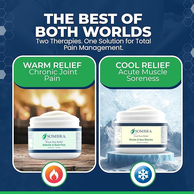 Sombra Warm & Cool Pain Relief Gel, Warm Relief for Arthritis and Chronic Pain Pre-Workout Muscle Rub, Cold for Swelling, Soreness, Post-Workout, Free of Artificial Fragrances, 8oz Per Jar
