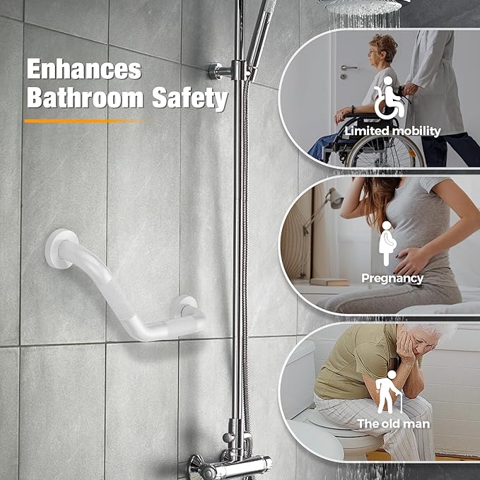 Grab Bars for Bathtubs and Showers- 1-1/4 x 16 Angled Shower Grab Bar for Seniors Knurled Stainless Steel Handicap Grab Bars for Wall (White, 1 Pack)