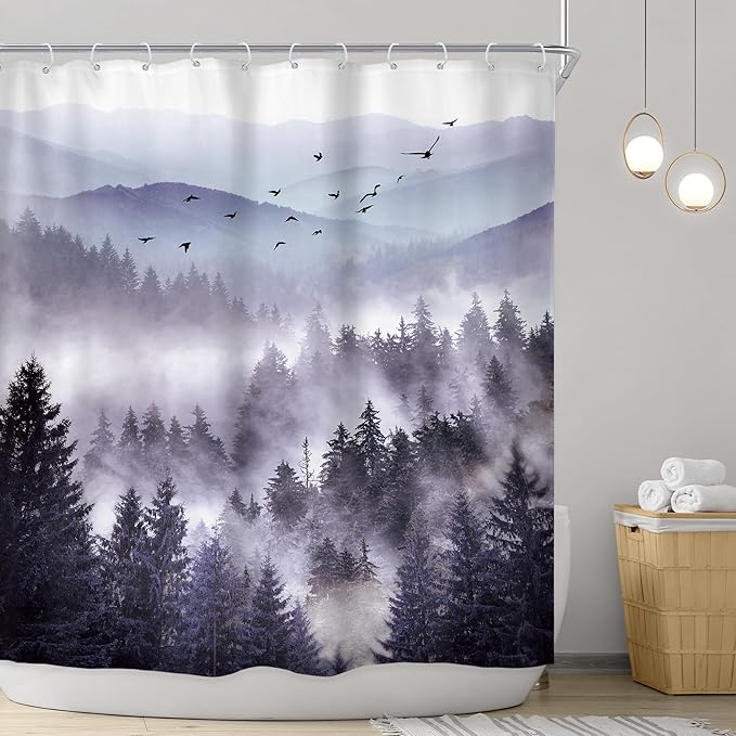 Riyidecor Purple Mountain Shower Curtain 72Wx78H Inch Nature Scenery Landscape Rustic Pine Tree Misty Foggy Mountain Dark Natural View Mens Bathroom Decor Fabric Polyester Waterproof 12 Pack Hooks