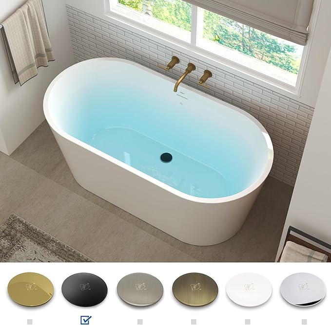 FerdY Shangri-La 55" Acrylic Freestanding Bathtub, Ergonomic Lightweight Classic Oval Soaking Bathtub with Matte Black Drain, Minimalist Linear Design Overflow, Modern White