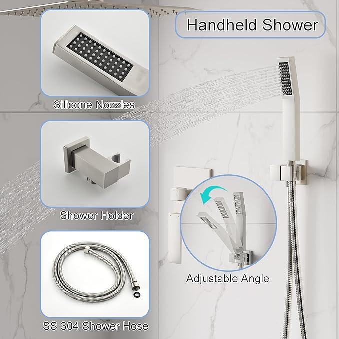 WELLFOR 12-In Ceiling Mount Shower System with Single Handle, Pressure-balanced Valve Included, Waterfall Dual Head Shower Head System, Rain Shower System, Shower Faucet Trim Kits, Brushed Nickel