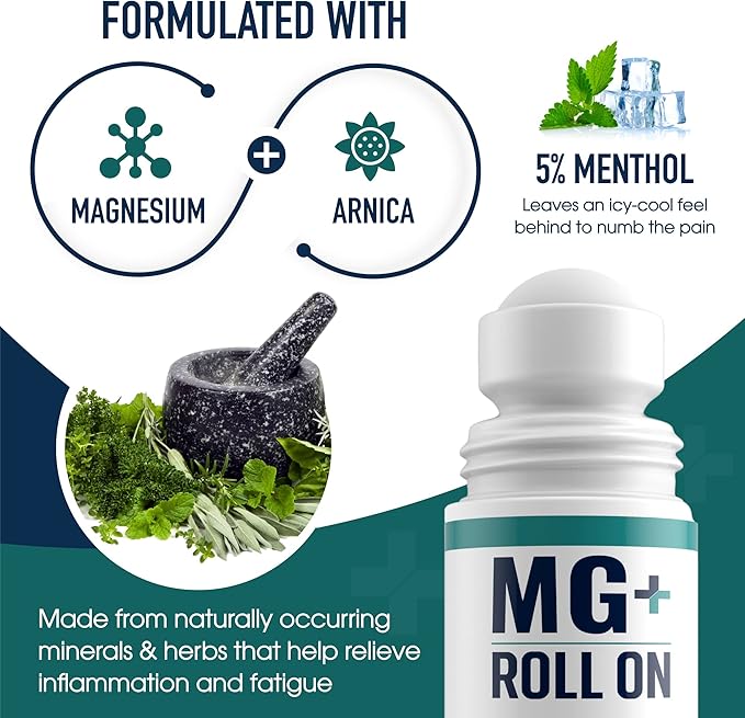 MARS WELLNESS MG+ Cooling Roll on Pain Relief (3 oz) – Fast Acting Arnica Roll on 5% Menthol Magnesium & Arnica – Penetrating Menthol RollOn Topical Pain Relief, Aches, Sore Muscle Pain