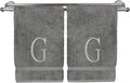 Monogrammed Hand Towel, Personalized Initial Gift, Extra Absorbent 100% Turkish Cotton - Soft Terry Finish - Set of 2 - Silver Block Initial G - Embroidered on Grey Towels