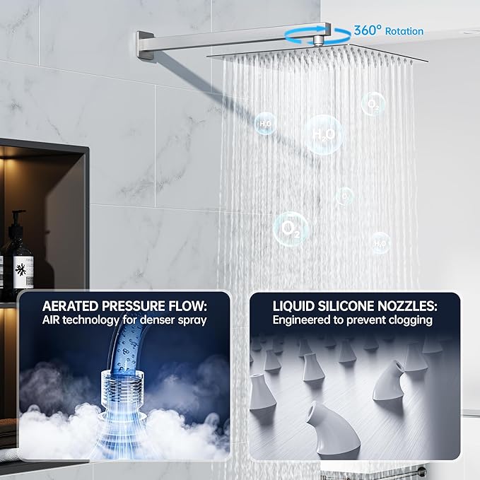 12 Inch Luxury Rain Shower Faucet Set, Brushed Nickel Shower System with Rainfall Shower Head and Handheld Spray, SUS304 Stainless Steel and Solid Brass Wall Mounted Shower Valve Trim Kit