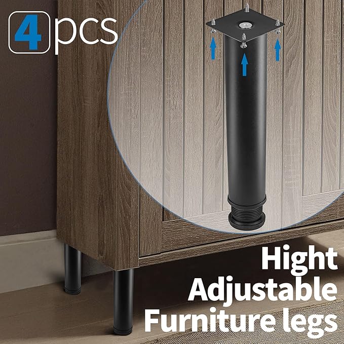 10 Inch Metal Furniture Legs Stainless Steel Adjustable Legs Black Metal Legs Round Cabinet Legs for Coffee Table Cabinet Desk Sofa Shelves, Pack of 4