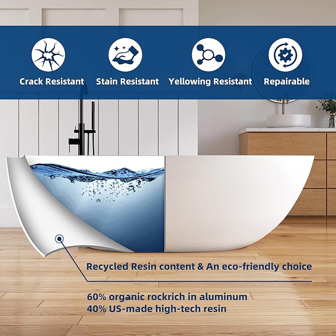 71'' Freestanding Solid Surface Resin Stone Bathtub, Freestanding Tub, Contemporary Design Stand Alone Tub with Pop-up Drain and Overflow, cUPC Certified, Matte White (Oval) AM3031800…