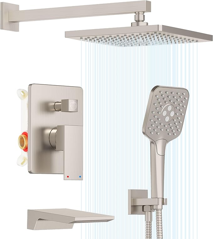 Gabrylly Shower System with Tub Spout, Wall Mounted Tub Shower Faucet Set for Bathroom with High Pressure 10" Rain Shower head and 3-Setting Handheld Shower Head Set, Brushed Nickel