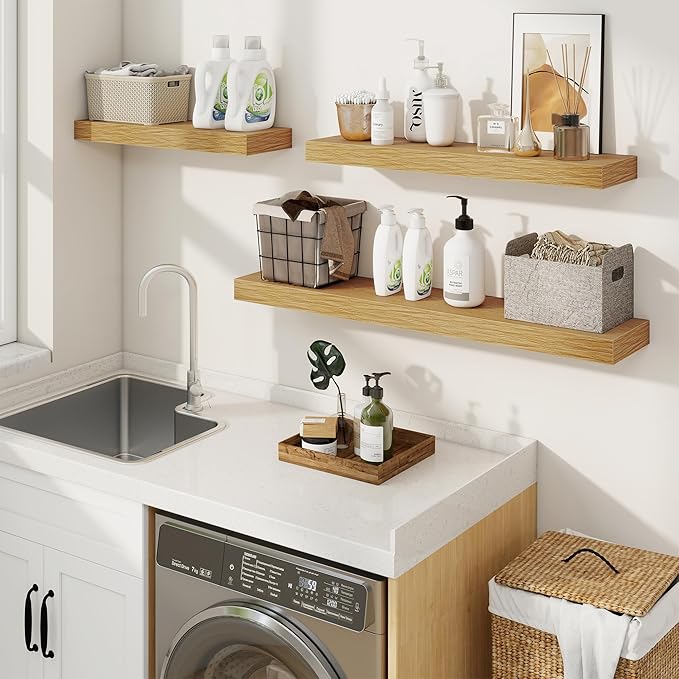 fuqing Floating Shelves for Wall, Wall Mounted Wood Floating Shelf with Invisible Brackets for Living Room, Bathroom, Bedroom, Kitchen Storage and Decor, 24 Inch Set of 2, Oak