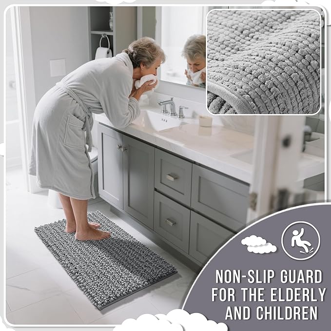 Yimobra Gray Bathroom Rugs Sets 2 Piece - Luxury Chenille Shaggy Bath Mat, Super Absorbent & Non Slip & Quick Dry, Soft Thick Bathroom Carpet for Tub Shower Floor, Machine Washable, 44x24+24x17 Inch