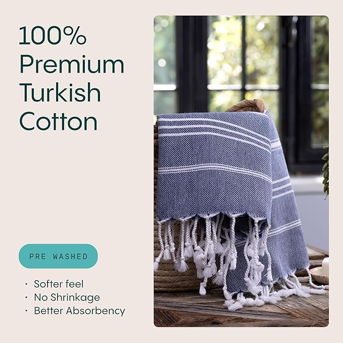 WETCAT Turkish Hand Towels with Hanging Loop, Set of 2 (20" x 30") 100% Turkish Cotton, Pre-Washed, Quick Drying, for Kitchen or Bathroom - Navy Blue