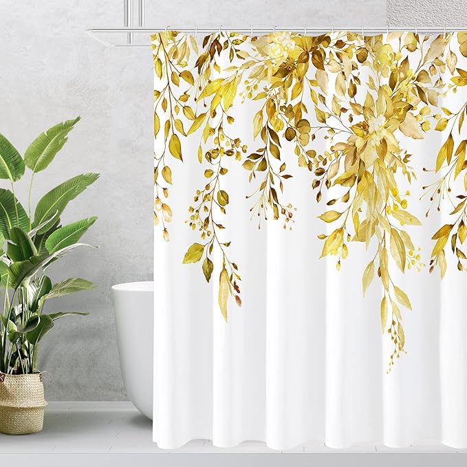 Gibelle Yellow Eucalyptus Shower Curtain, Watercolor Plant Leaves with Floral Bathroom Shower Curtain Set, 72x72