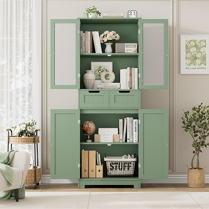 HORSTORS 67" Tall Bathroom Storage Cabinet, Freestanding Storage Cabinet with Glass Door and Shelves, Kitchen Pantry Linen Cabinet with 2 Drawers for Bathroom, Living Room, Dining Room, Green