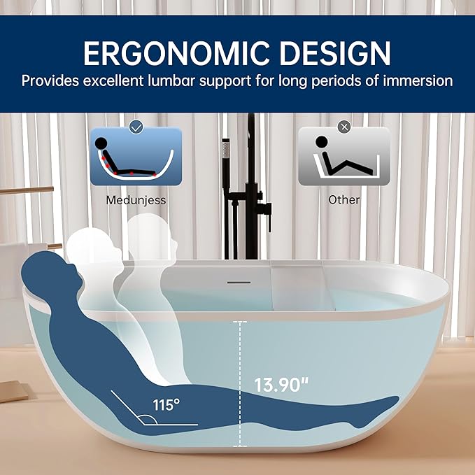 59'' Stone Resin Freestanding Bathtub, Bathroom Solid Surface Tub Bathtubs soaker Tubs Oval Shaped Matte Luxury Modern Soaking Tub with Overflow and Pop-up Drain - White