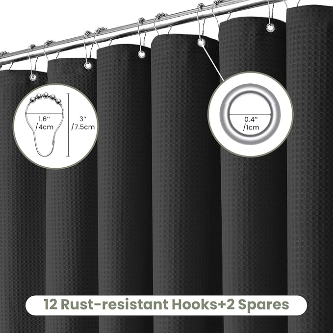 Inhousolu Fabric Shower Curtain Waffle Weave, 230 GSM Heavy Duty, Weighted Hem, 14 Metal Hooks, Water Repellent, Machine Washable, Hotel Spa Luxury Bath Curtain Set, 72 x 78 Inch, Black
