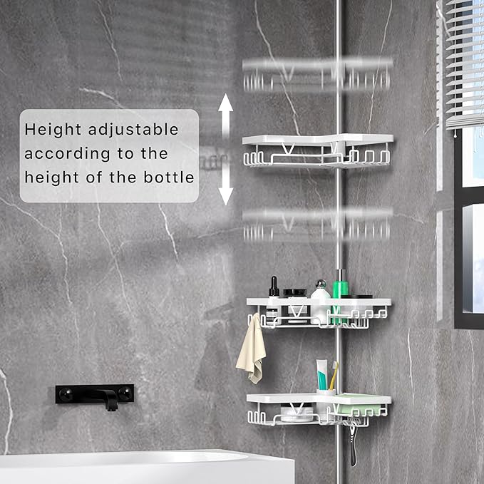 KEGII Corner Shower Caddy Tension Pole - Shower Tension Rod Organizer, Floor to Ceiling Shower Caddy 25-114.2 inch, Bathroom Rack Corner Waterproof, Pure White