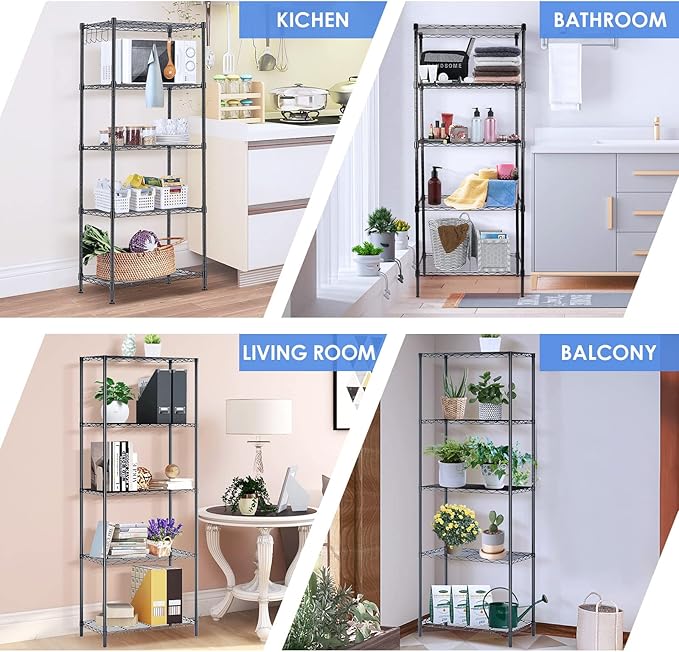 BNSPLY 5 Tier Wire Shelving Unit, Adjustable Wire Rack Shelving, Changeable Metal Wire Storage Shelves for Kitchen, Laundry, Bathroom, Balcony, Pantry (11.4" D x 21.3" W x 59" H, Black)