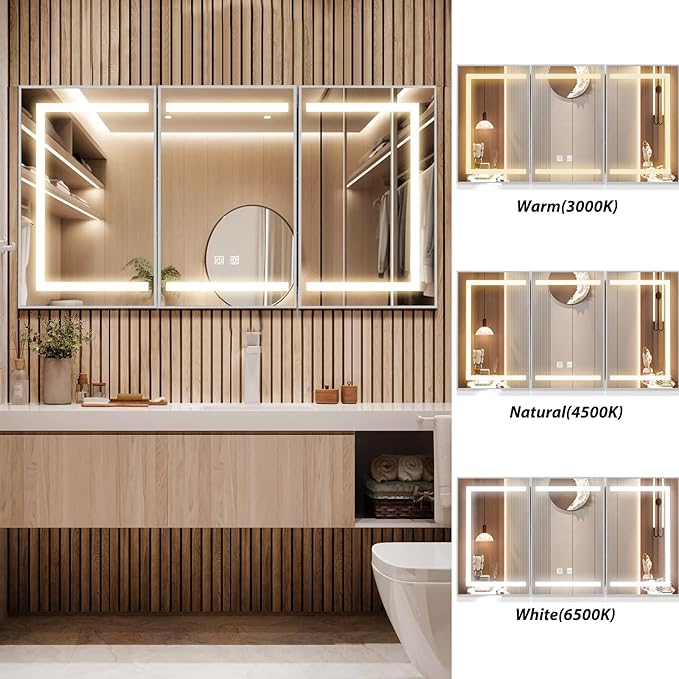 APRILSOUL 48X32 Inch Silver Bathroom Medicine Cabinet with Mirror, Recessed or Surface Lighted Medicine Cabinet with 3 Colors Temperature, Dimmable Light