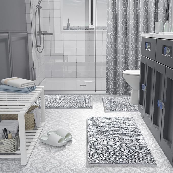 Yimobra Bath Mats for Bathroom Non Slip, 31.5x20, Extra Soft Chenille Bathroom Rugs, Fluffy Plush Luxury Shower Mat Outside, Water Absorbent, Machine Washable, Sink and Tub, Light Grey & Dark Grey