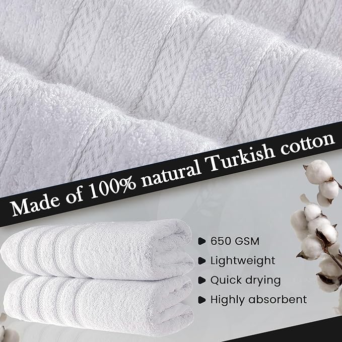 HALLEY Turkish 4 Pack Premium Bath Towels (4 Pieces) 650 GSM Highly Absorbent Super Soft 100% Cotton - 4 Bath Towels (White)