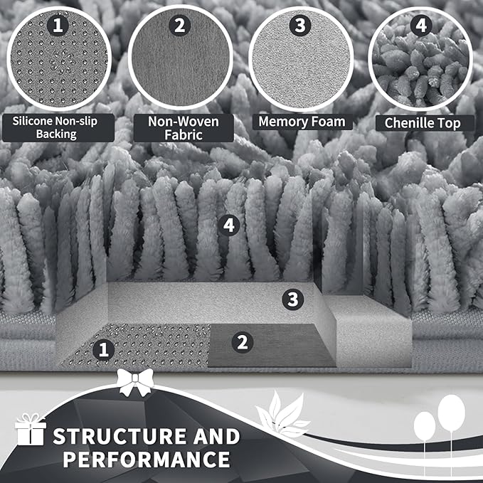 Yimobra Toilet Rugs U Shaped Washable, Extra Thick Soft Absorbent Chenille Contour Bathroom Rugs for Toilet 24x20 Inch, Quick Dry Non Slip Toilet Mat for Bath Floor, Silver