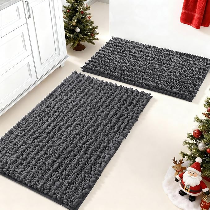 Yimobra Bathroom Rugs Sets 2 Piece - Quick Dry Extra Thick Luxury Chenille Bath Mat, Non Slip Super Absorbent for Tub Shower Sink, Machine Washable Shaggy Floor Mat, 32"x20"+24"x17" Inch, Dark Grey