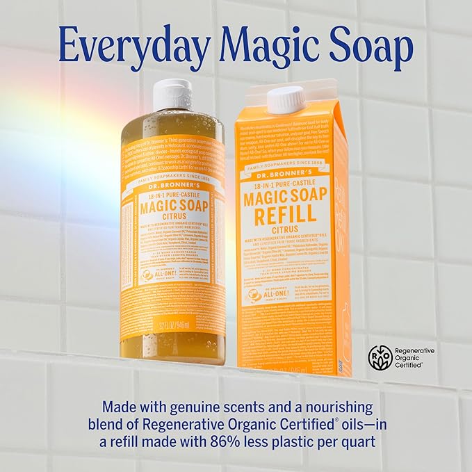 Dr. Bronner's Pure-Castile Magic Soap Liquid, Citrus, Made with Organic Oils for Body, Face, Hair, Dishes, Laundry, Vegan Bath Soaps for Men & Women, Non-GMO, 18-in-1 Multi-Use - Citrus, 32oz + Refill