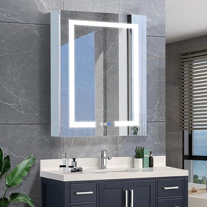 GroGro LED Lighted Bathroom Medicine Cabinet with Mirror,24" W x 30" H Medicine Cabinet with Lights,Surface or Recessed Mounting,Defog,Dimming,3-Color Temperature Adjustment