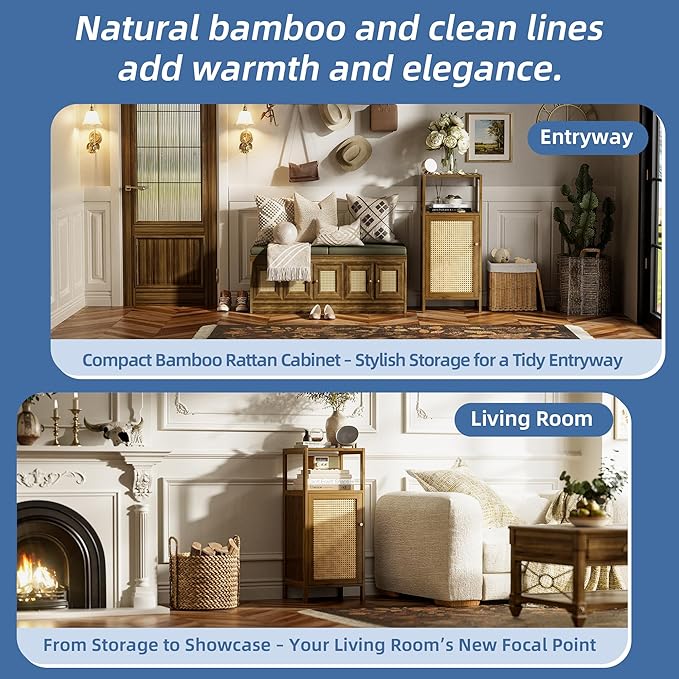 HITNET Rattan Bathroom Floor Cabinet, Bamboo Storage Cupboard with Single Door, Freestanding Small Living Room Sideboard, Space Saving Entryway Storage Unit, Walnut