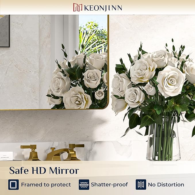 Keonjinn 20 x 32 Inch Gold Mirrored Medicine Cabinet, Recessed Medicine Cabinets for Bathroom, Dim Brushed Brass Stainless Steel Framed, Adjustable Shelves, in Wall or Surface Mount, Sturdy & Heavy