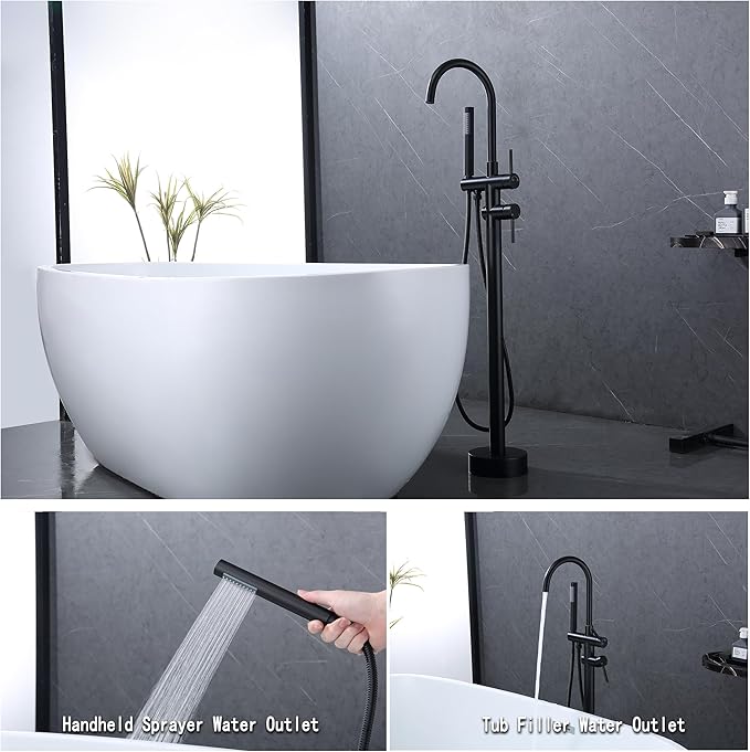 Freestanding Tub Faucet - Matte Black Floor Mounted, 360 Degree Swivel Gooseneck Filler with Hand Shower Mixer Tap. SE-3001-BK