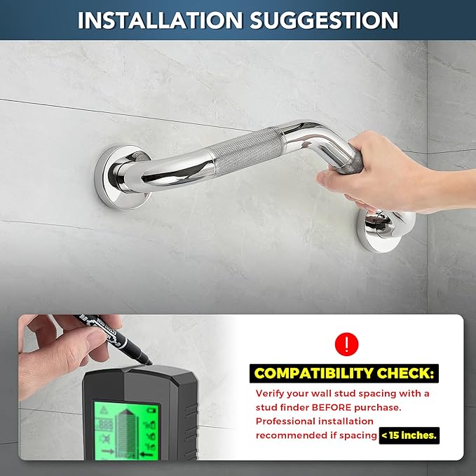 Grab Bars for Bathtubs and Showers- 1-1/4 x 16 Angled Shower Grab Bar for Seniors Knurled Stainless Steel Handicap Grab Bars for Wall (Polished Nickel, 2 Pack)