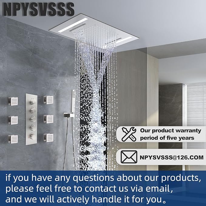 Multi Full Body Thermostatic Luxury Spa Shower System And 14x20 Inch LED 4 Functions Faucet Set, Rainfall Spray Waterfall Can Be Turned On Simultaneously,Brushed Nickel
