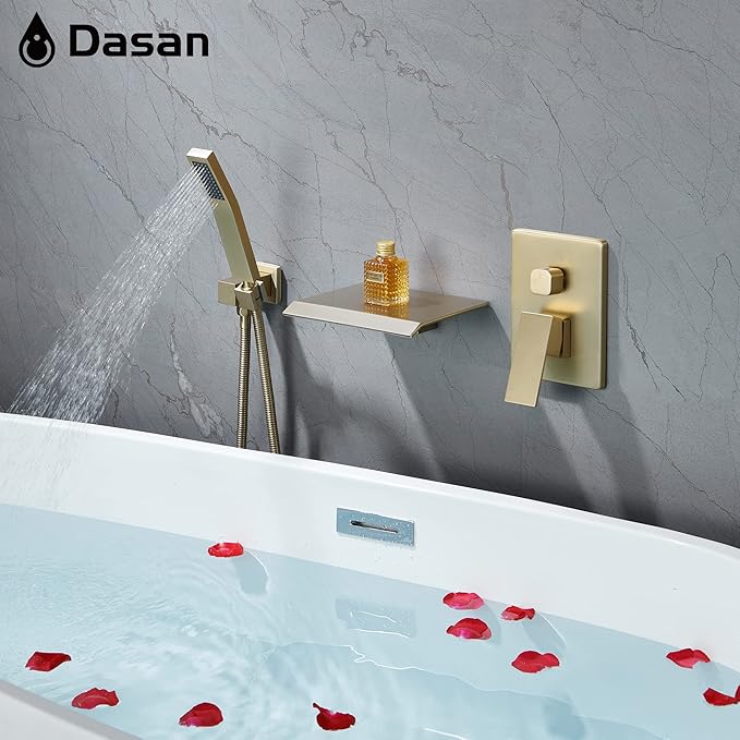 Upgraded Wall Mount Tub Filler Faucet with Handheld Shower, DASAN Modern Wall Mounted Bathtub Faucet Brushed Gold High Flow Waterfall Tub Faucet with Rough in Valve, SA-TF04WH-BG