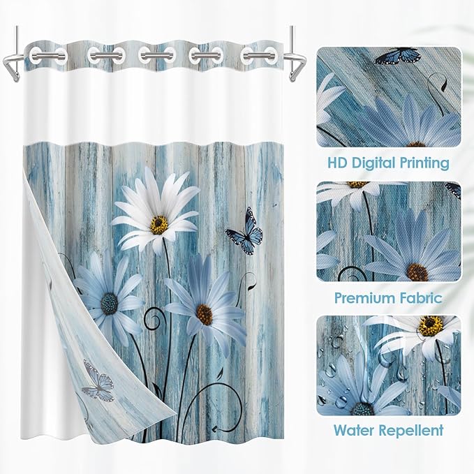 No Hook Blue Daisy Shower Curtain with Snap in Fabric Liner Set, Wooden Boards Double Layers Waterproof Fabric with See Through Top Window Open Grommet Bath Curtain 71x86 Inch