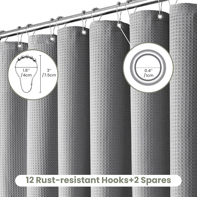 Inhousolu Fabric Shower Curtain Waffle Weave, 230 GSM Heavy Duty, Weighted Hem, 14 Metal Hooks, Water Repellent, Machine Washable, Hotel Spa Luxury Bath Curtain Set, 72 x 96 Inch, Grey