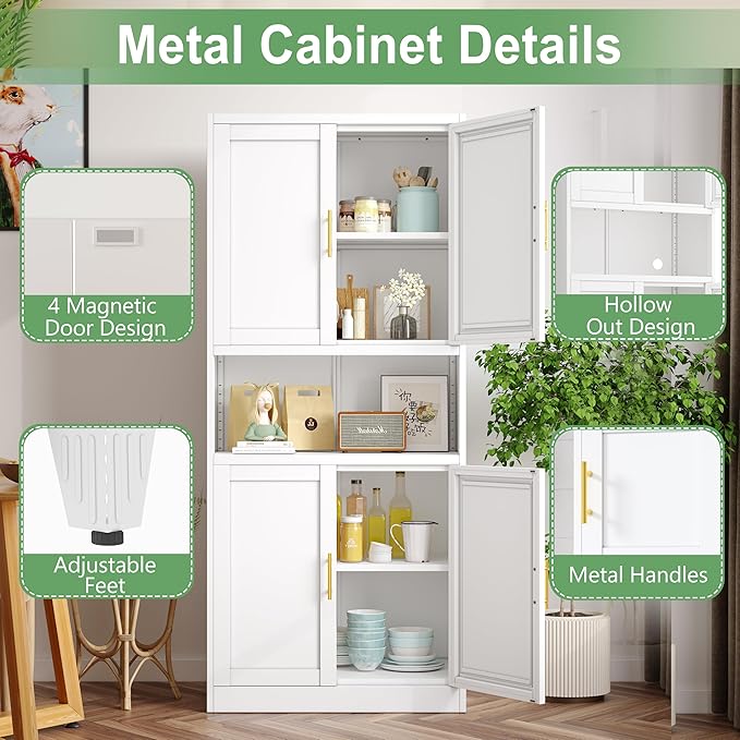 Pantry Cabinet 61" H Metal Kitchen Cabinet with 4 Doors, Bathroom Cabinets, 2 Adjustable Shelves for Kitchen, Home Office, Living Room, Dinning Room (White)