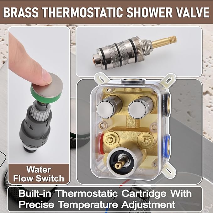 Thermostatic Shower Valve/System 12 inches Nickel Brass Faucet Set With Diverter/Mixer With Handheld Rain Head High Pressure Modern Rainfall