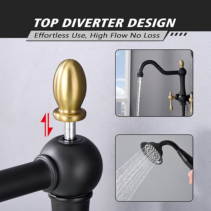 SUMERAIN High Flow Wall Mount Tub Filler, Vintage Bathtub Faucet with Sprayer and Rough-in Valve, Black and Gold Finish