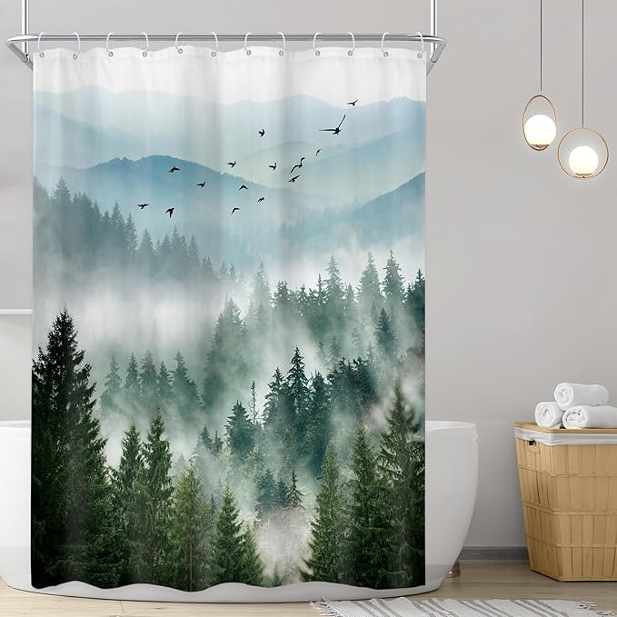 Riyidecor Green Mountain Shower Curtain，Stall Narrow Rv Small Nature Woods，Landscape Scenery Pine Tree Scenic Woodland Rustic Bathroom Decor，Fabric Polyester Waterproof 12 Pack Hooks 48Wx72H Inch