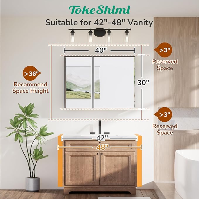 TokeShimi 40x30 Beveled Mirror with Storage Bathroom, Black Recessed Medicine Cabinet with Mirror Aluminum, Wall Mount Metal Recessed Medicine Cabinets for Bathroom