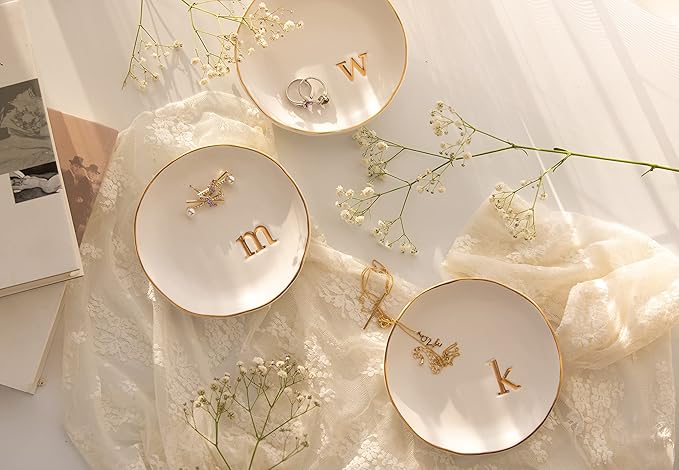 COLLECTIVE HOME - Ceramic Jewelry Tray, Decorative Trinket Dish for Rings Earrings Necklaces Bracelet Watch Keys, Birthday Mother's Day Christmas Gift for Women, 4.75", White Surface (A)