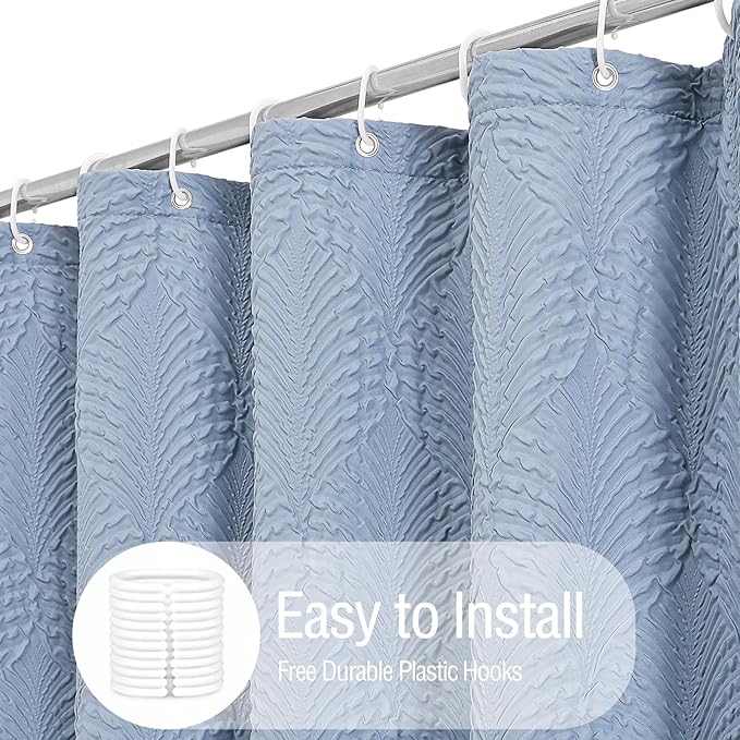 Gibelle Fog Blue Shower Curtain for Bathroom, 3D Embossed Textured Fabric Shower Curtain, Modern Farmhouse Chic Soft Cloth Shower Curtain Set with Hooks, 72x72