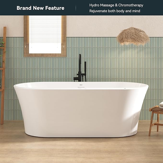 FerdY Mauritius 67 Inch Acrylic Freestanding Whirlpool Bathtub, Oval with 8 Water SPA Jets Morden White Stand Alone Jetted Tub, Luxury Acrylic Free Stand Deep Soaking Bath Tub with LED Light