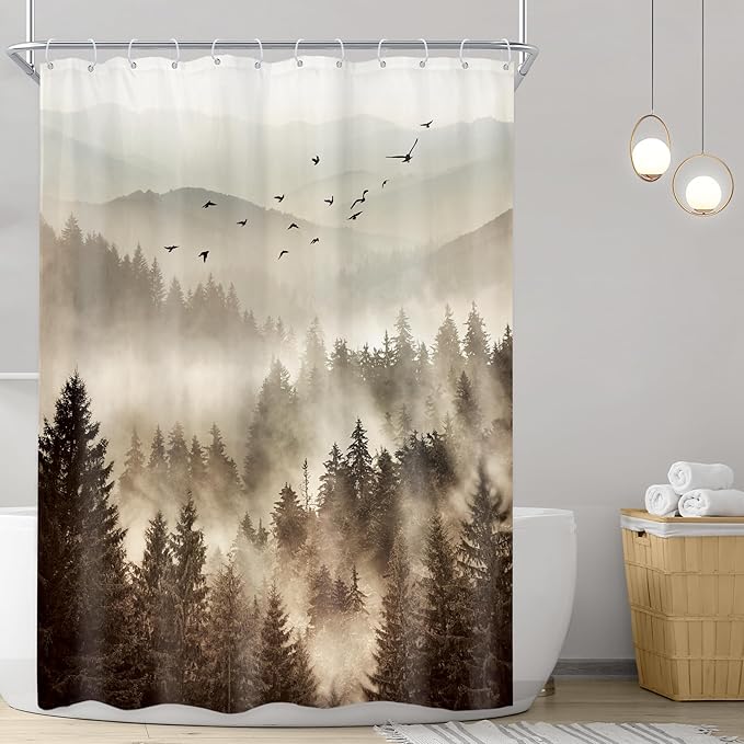 Riyidecor Foggy Mountain Shower Curtain 48Wx72H Inch RV Narrow Nature Scenery Tree Rustic Natural Woodland Alpine Landscape Modern Abstract Bathroom Decor Fabric Polyester Waterproof 8 Pack Hooks