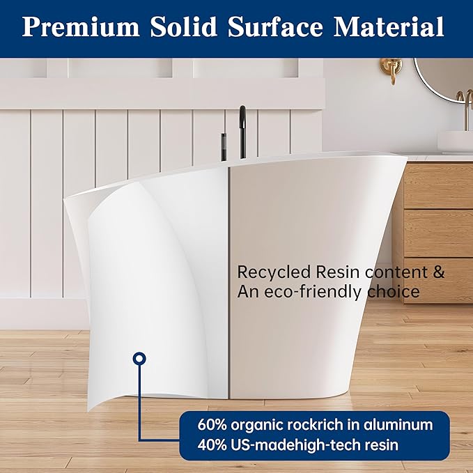 51'' Japanese Soaking Tub Freestanding Bathtub Resin Stone Bathtubs Deep soaking Tub with Overflow and Pop-up Drain - White