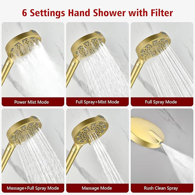 SUMERAIN Brushed Gold Shower System with Filtered Handheld Shower Head, Wall Mounted Shower Faucet Complete Combo with Shower Valve