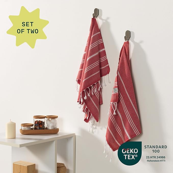 WETCAT Turkish Hand Towels with Hanging Loop, Set of 2 (20" x 30") 100% Turkish Cotton, Pre-Washed, Quick Drying, for Kitchen or Bathroom - Red